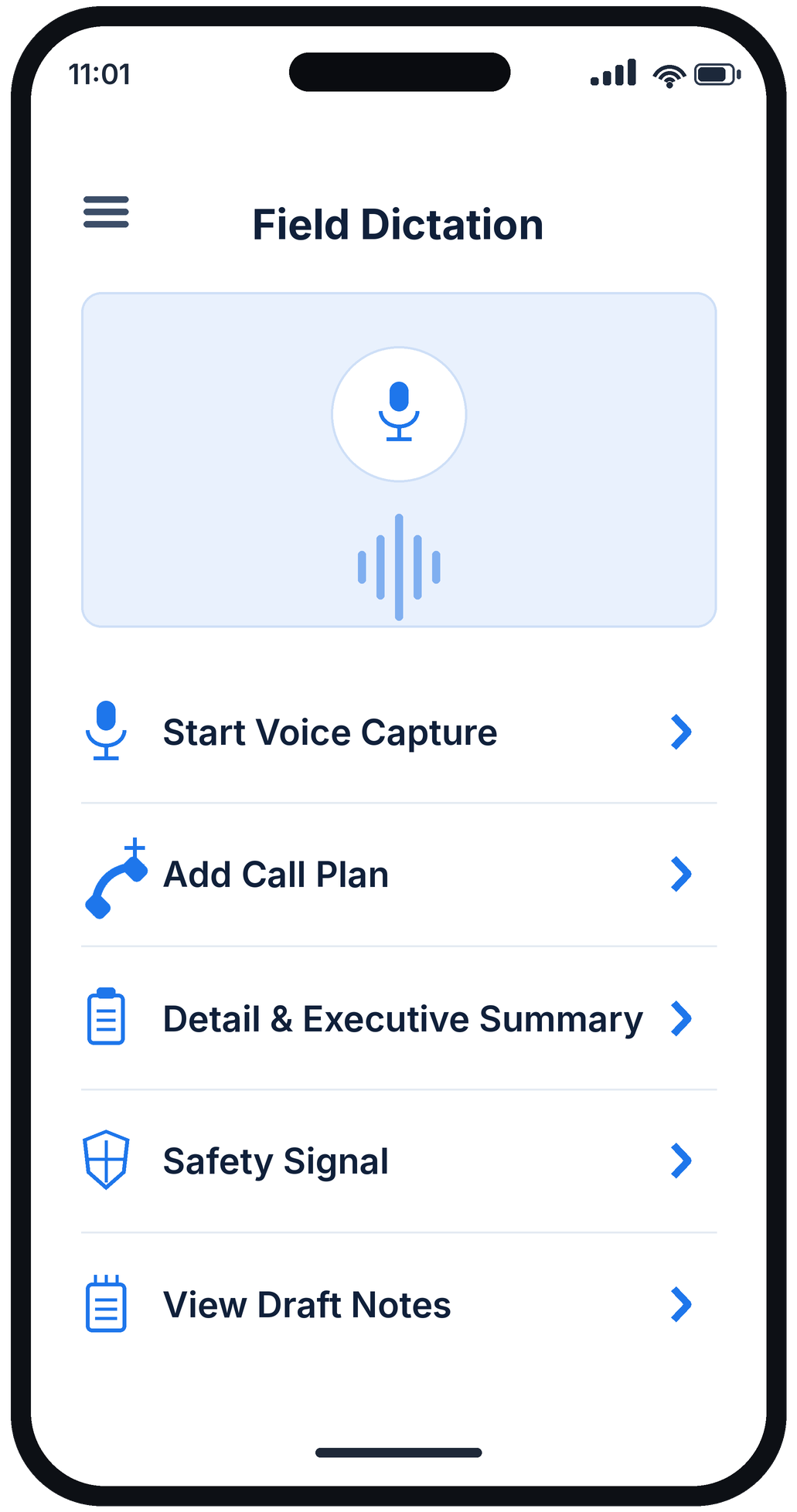 Voice-to-text field dictation and AI processing screens