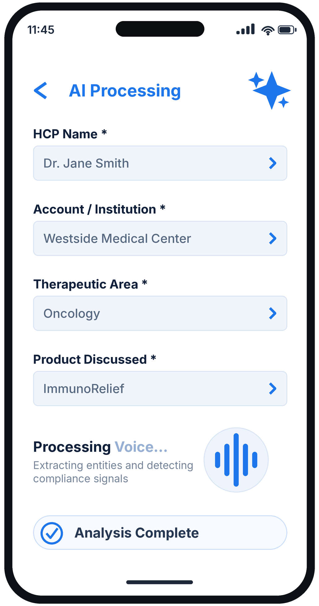 Voice-to-text field dictation and AI processing screens